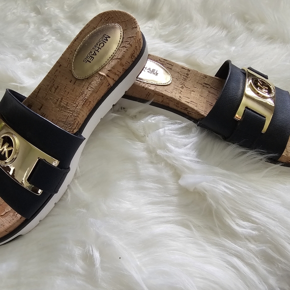 MICHAEL KORS WARREN LOW NAVY / GOLD / WHITE CORK SLIDE SANDAL - Picture 2 of 8